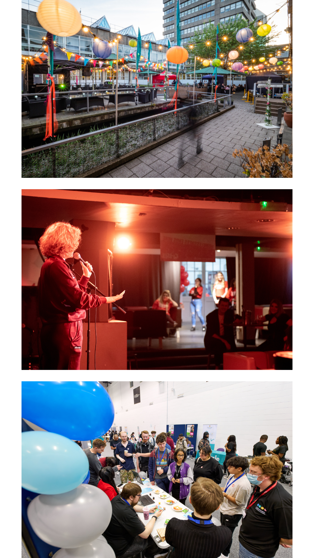 Photo 1 showing an event in The Rocket Courtyard. Photo 2 Showing the Crisis Comedy Night. Photo 3 showing the Holloway Welcome Fair.